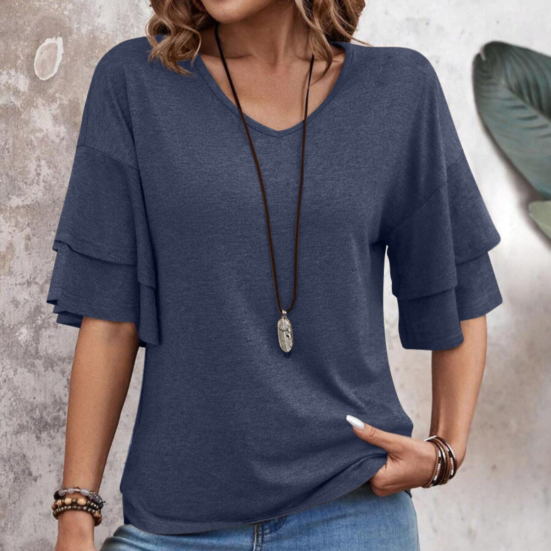 Damen - Bluse mit V-Ausschnitt und halben Ärmeln - Gewebemischung  - Stylisches Alltags-Top