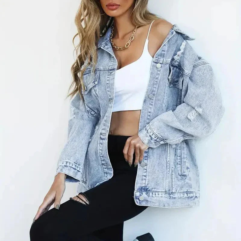 Damen - Übergroß Denim Jacke - Atmungsaktivem Material - Lässiger Stil - Vielseitige Mode für jeden Anlass