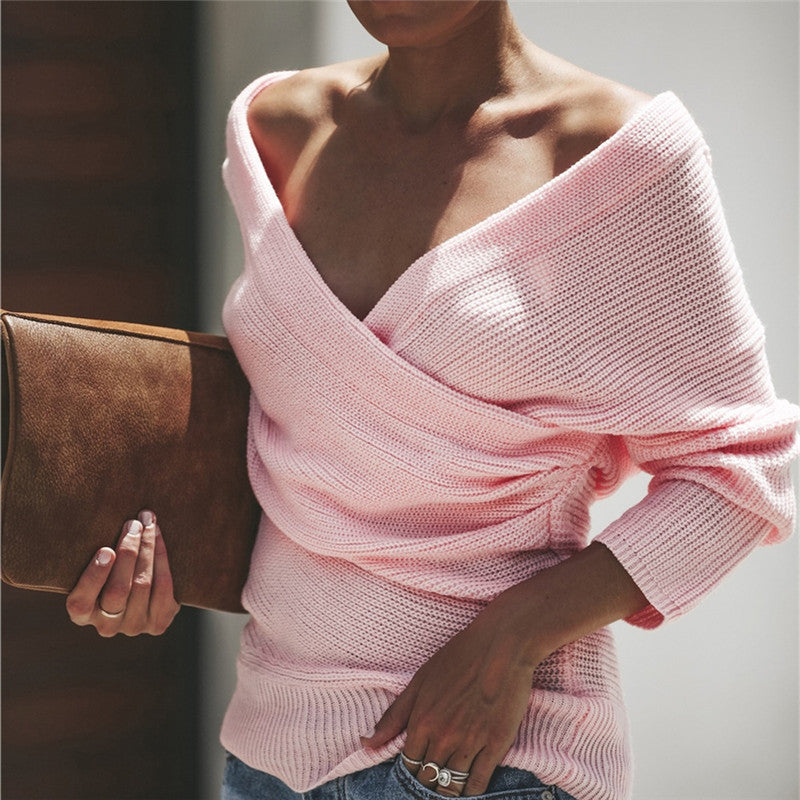 Damen - Eleganter lässiger Strickpulli - Tiefem Ausschnitt - Bequem und stilvoll für jeden Anlass