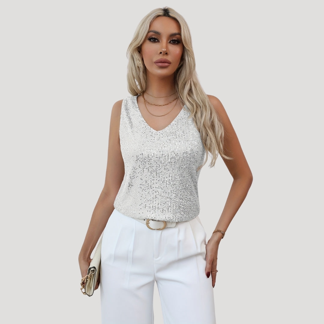 Damen - Pailletten Party-Top mit V-Ausschnitt - Leichte Stoff - Glamouröser Stil für besondere Anlässe