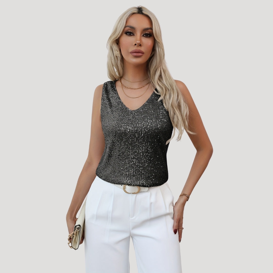 Damen - Pailletten Party-Top mit V-Ausschnitt - Leichte Stoff - Glamouröser Stil für besondere Anlässe