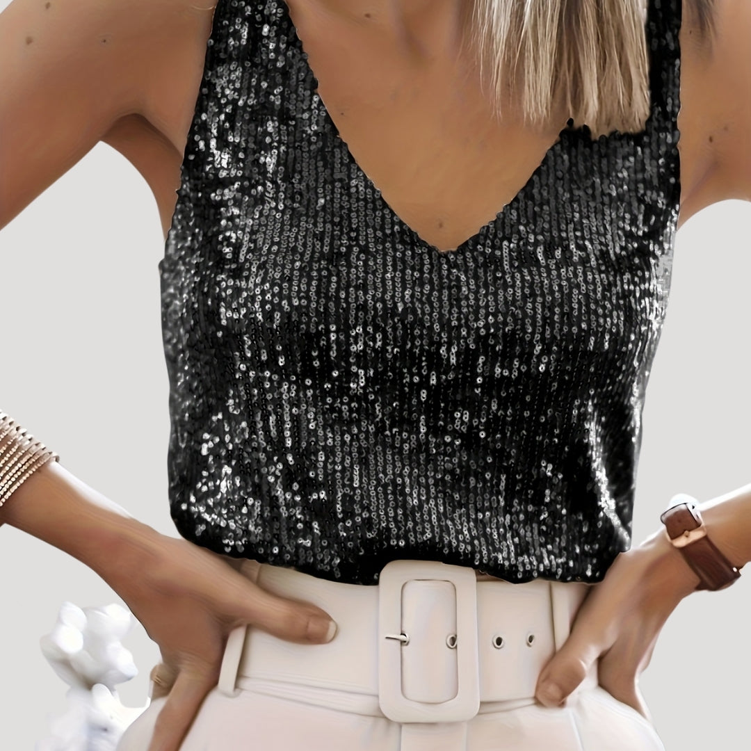 Damen - Pailletten Party-Top mit V-Ausschnitt - Leichte Stoff - Glamouröser Stil für besondere Anlässe