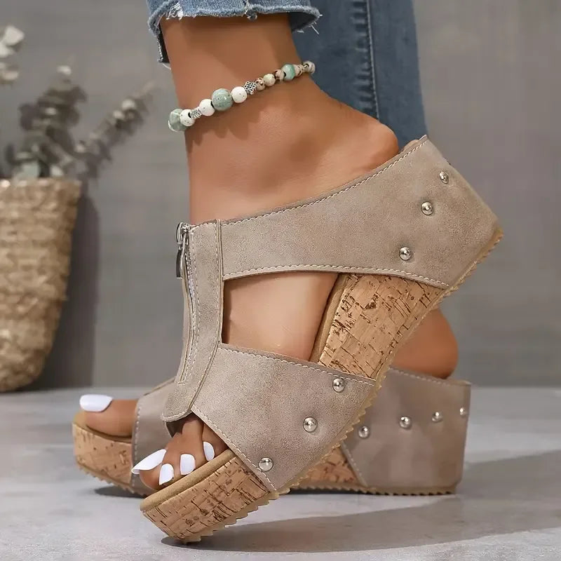 Damen - Keilsandalen - Wildlederimitat - Gepolsterte Sohle für höchsten Komfort - Bequeme Sommerschuhe für den Sommer