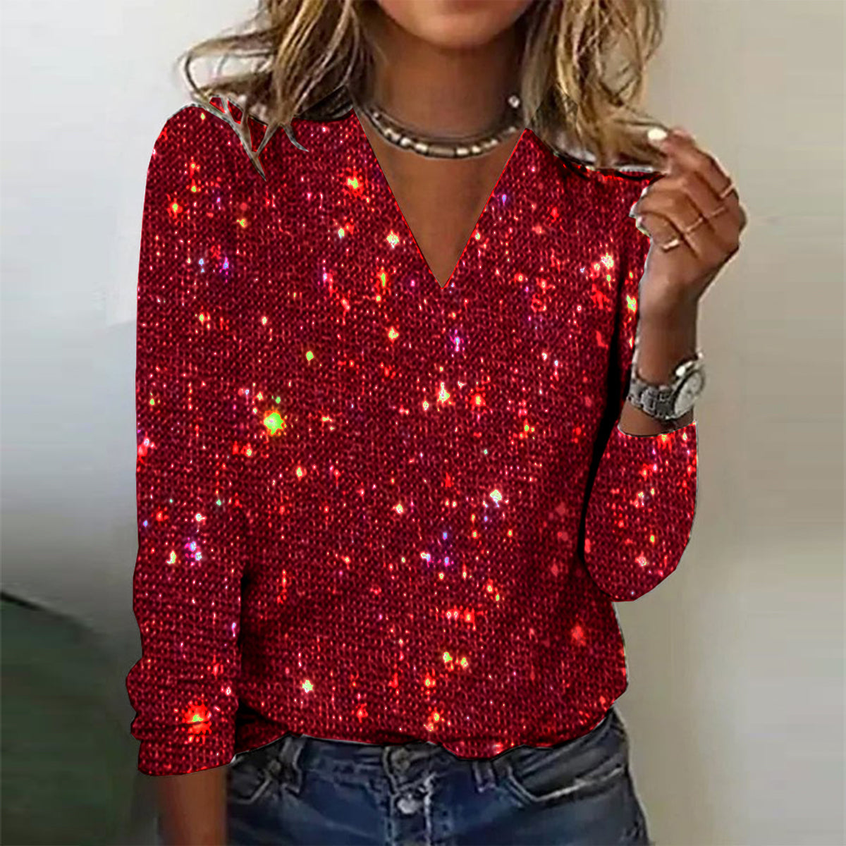 Damen - Schimmernde Langarmbluse - V-Ausschnitt - Elegante Bluse für stilvolle Anlässe