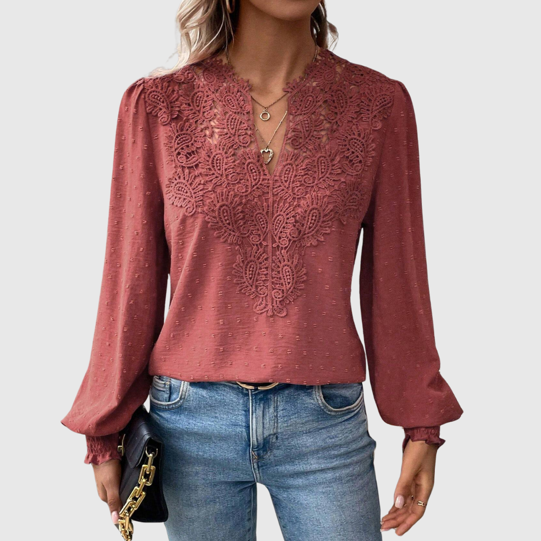 Damen - Romantische Bluse - Atmungsaktiver Spitzenstoff - Florales Design - Ideal für Besondere Anlässe und Alltag