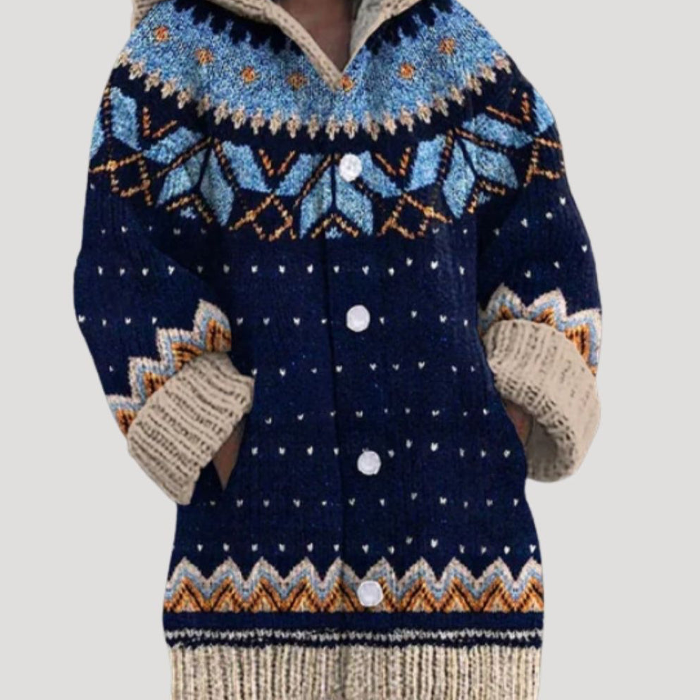Damen - Strickjacke mit grobem Strickmuster – Fair Isle Stil - Stylisch und Warm für die kalte Jahreszeit