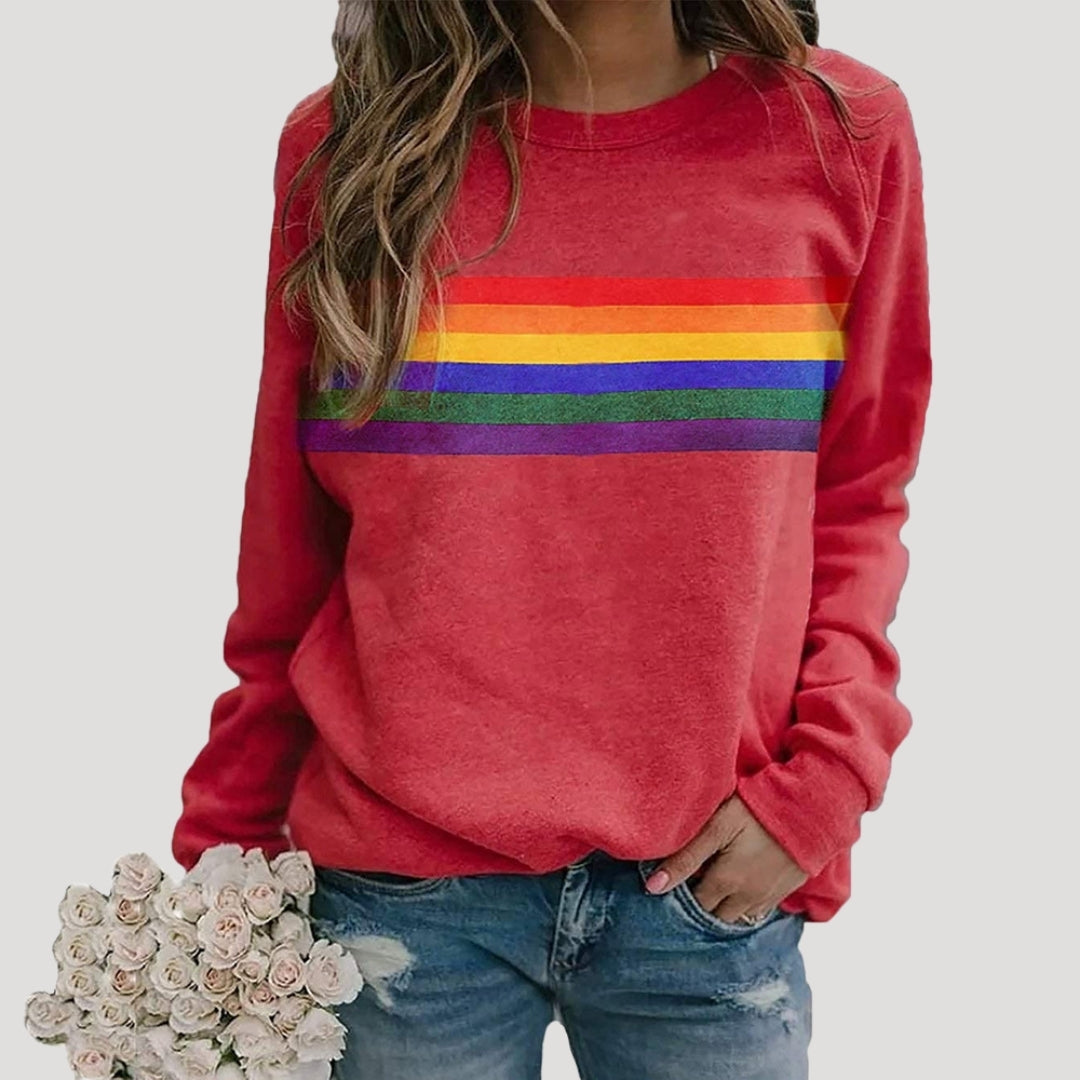 Damen - Pullover - Rundhalsausschnitt - Buntes Regenbogen-Streifen-Design - Stylischer Freizeitlook