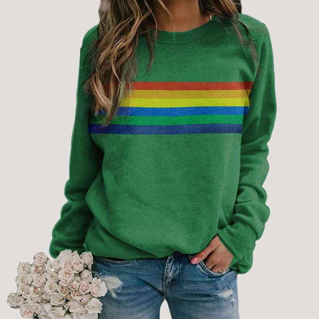 Damen - Pullover - Rundhalsausschnitt - Buntes Regenbogen-Streifen-Design - Stylischer Freizeitlook