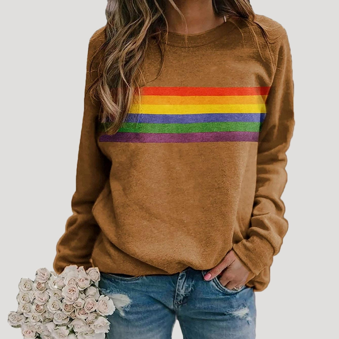 Damen - Pullover - Rundhalsausschnitt - Buntes Regenbogen-Streifen-Design - Stylischer Freizeitlook