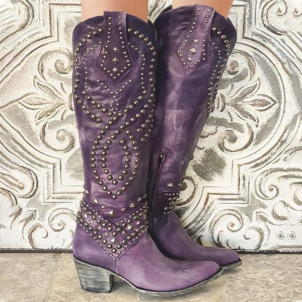 Damen - Cowboystiefel - Kniehohe - Vintage Design mit Nieten - Stylische Westernstiefel für jeden Anlass