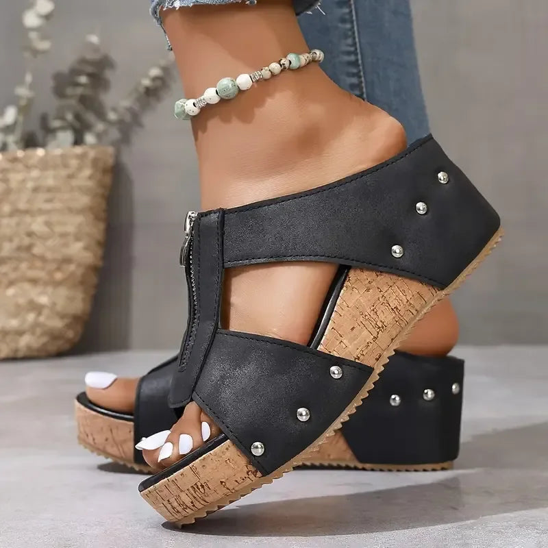Damen - Keilsandalen - Wildlederimitat - Gepolsterte Sohle für höchsten Komfort - Bequeme Sommerschuhe für den Sommer