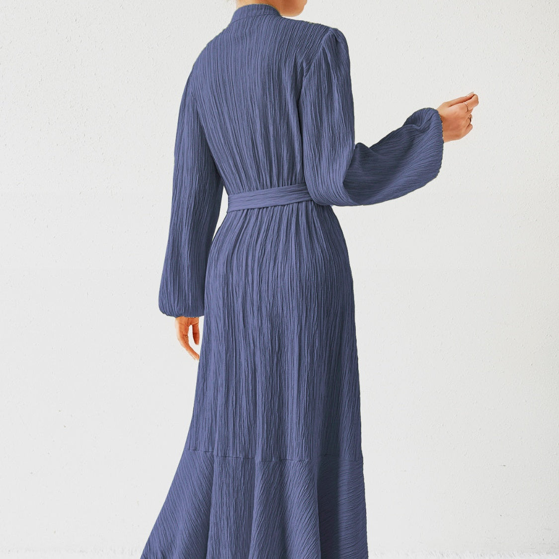 Damen - Plissiertes Maxikleid - Gewebtem Stoff - Lange Ärmel & Hoher Ausschnitt - Ideales Kleid für jeden Anlass