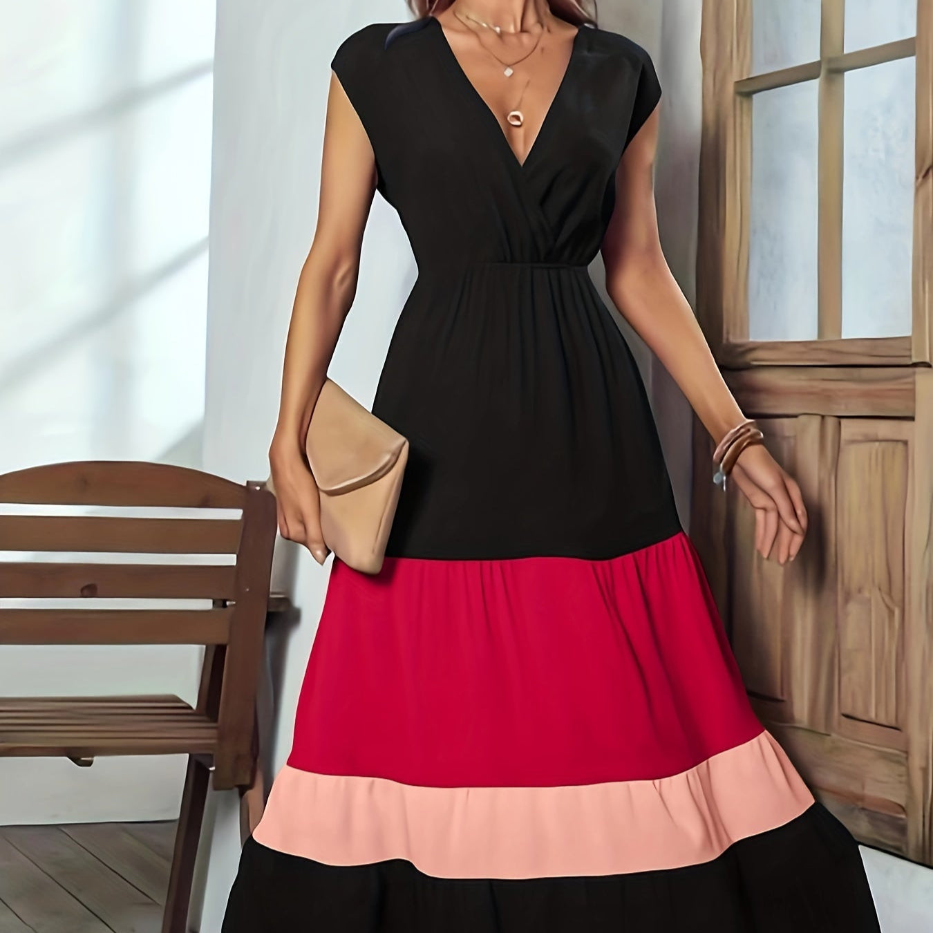 Damen - Farbblock Maxi-Kleid - Polyester - Elegantes ärmelloses Wickelkleid - Vielseitig und Stilvoll für jeden Anlass