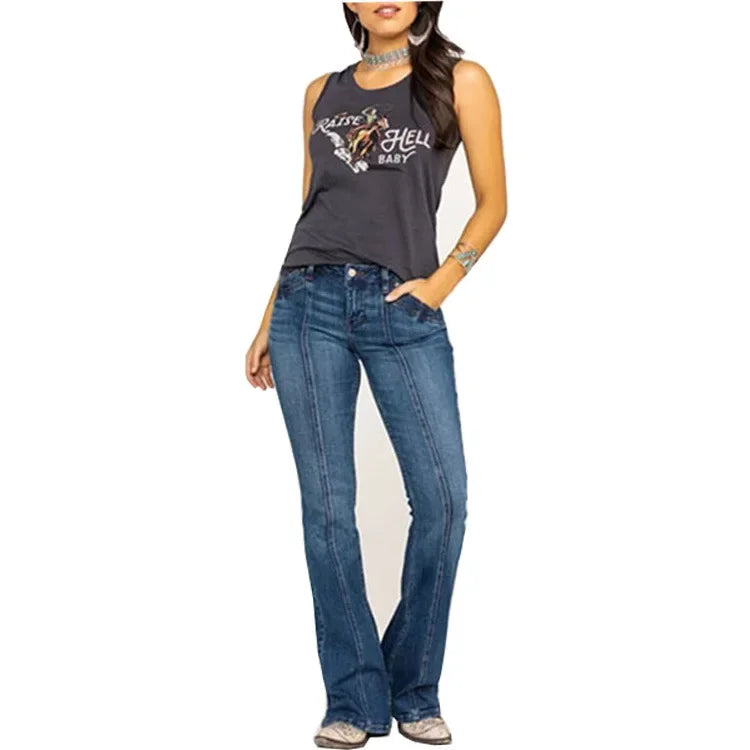 Damen - Mid-Rise Flared Jeans - Vordere Naht Detail - Stylische und bequeme Jeans für jeden Anlass