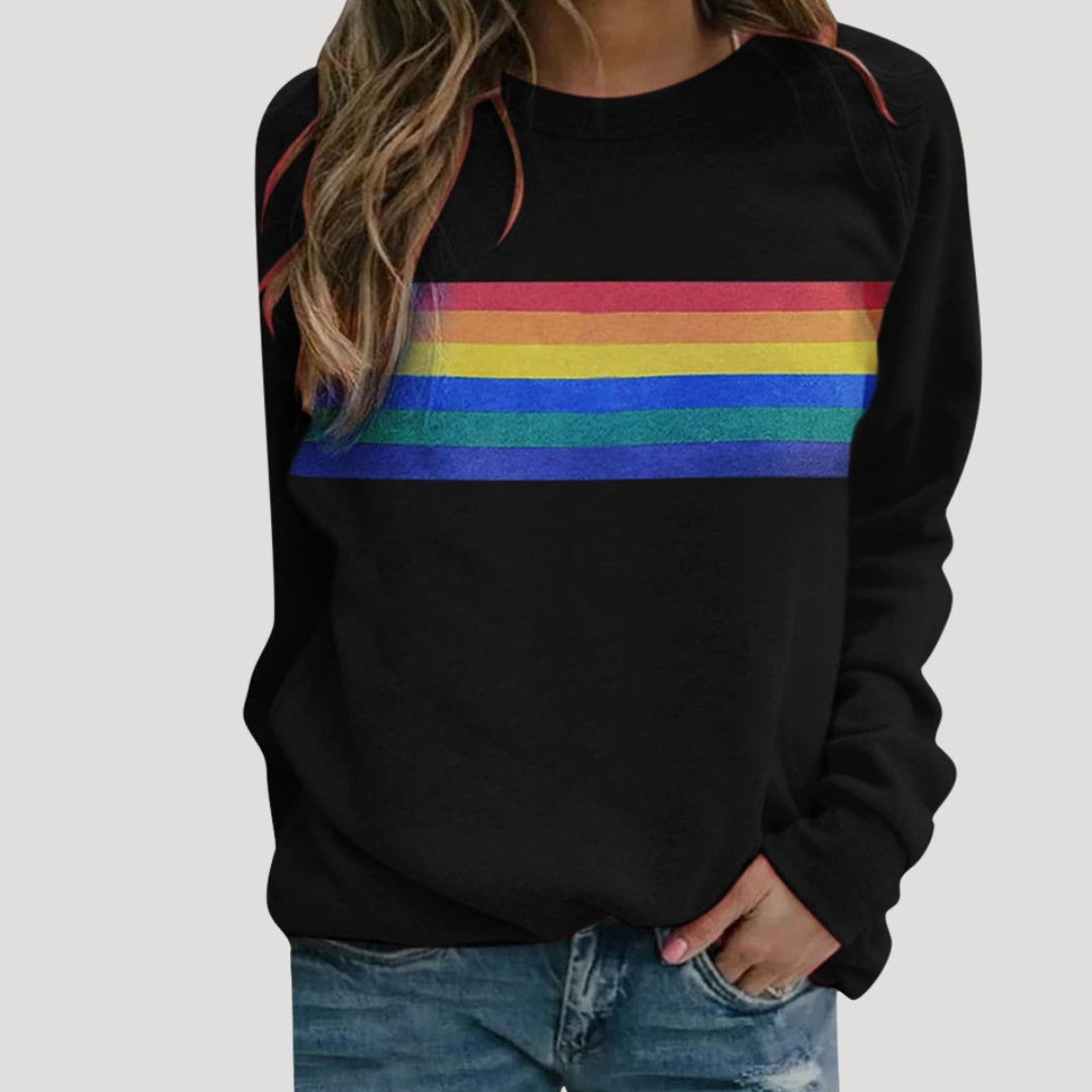 Damen - Pullover - Rundhalsausschnitt - Buntes Regenbogen-Streifen-Design - Stylischer Freizeitlook