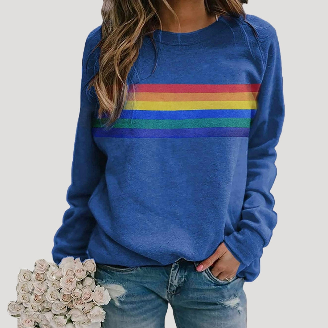 Damen - Pullover - Rundhalsausschnitt - Buntes Regenbogen-Streifen-Design - Stylischer Freizeitlook