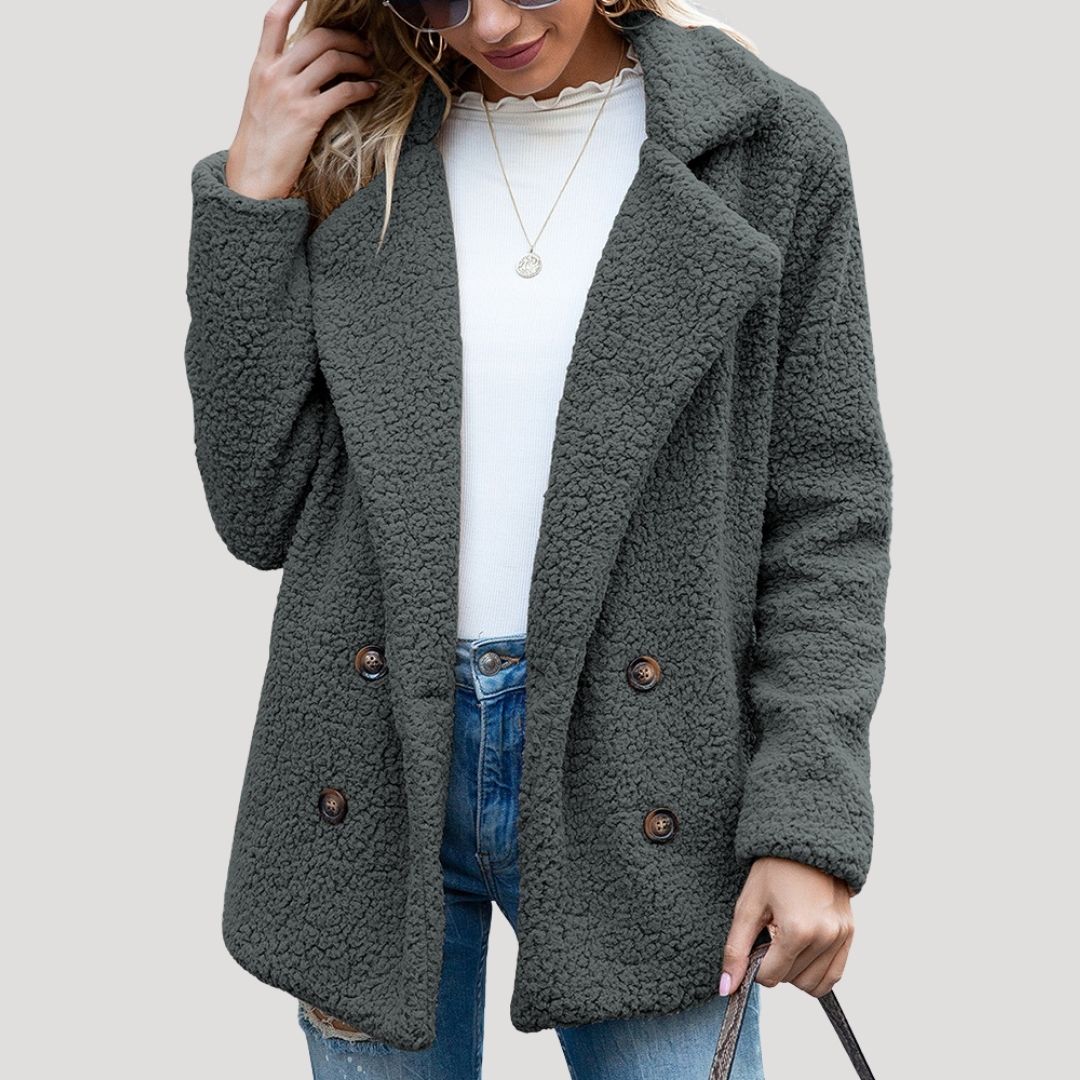 Damen - Zweireihige Fleecejacke - Kunstpelz mit Plüschtextur - Winterstil