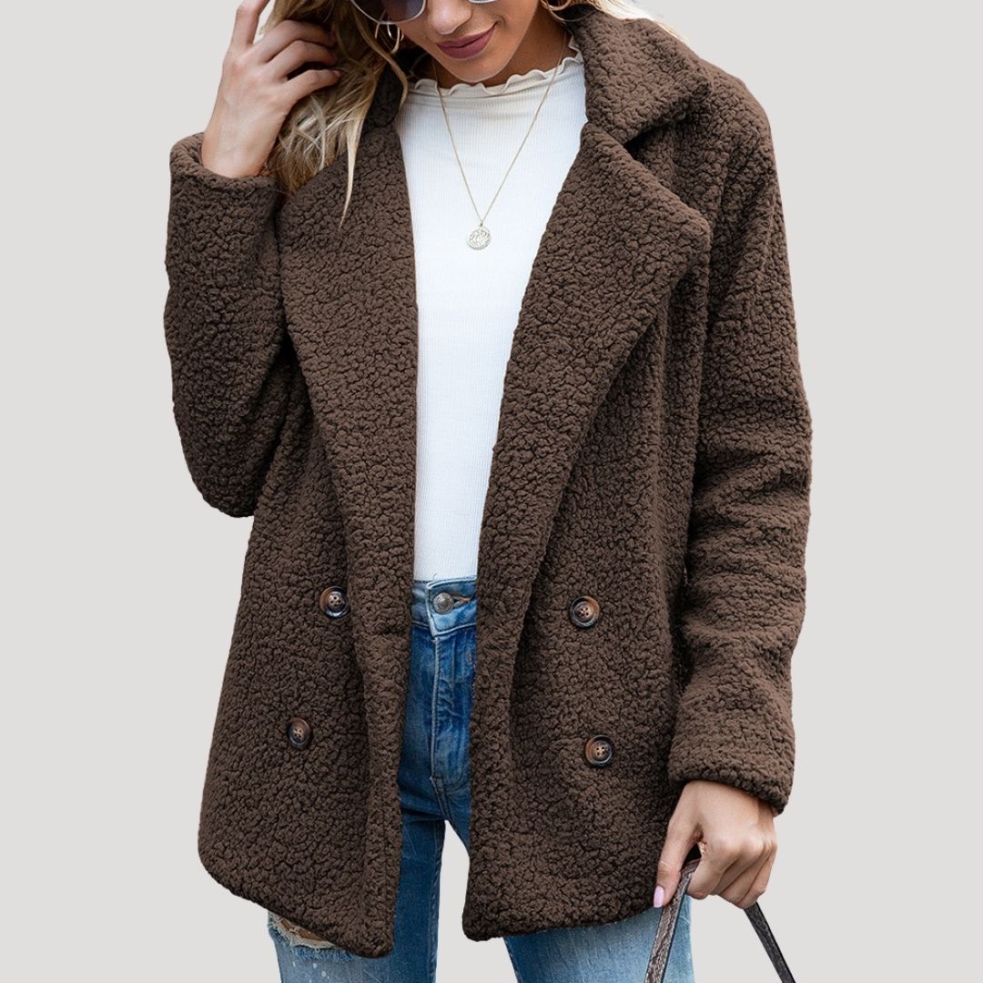 Damen - Zweireihige Fleecejacke - Kunstpelz mit Plüschtextur - Winterstil