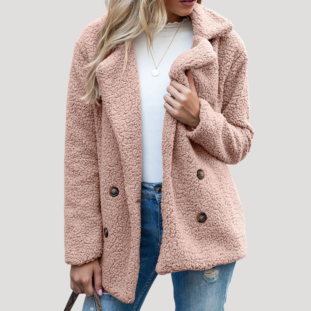 Damen - Zweireihige Fleecejacke - Kunstpelz mit Plüschtextur - Winterstil