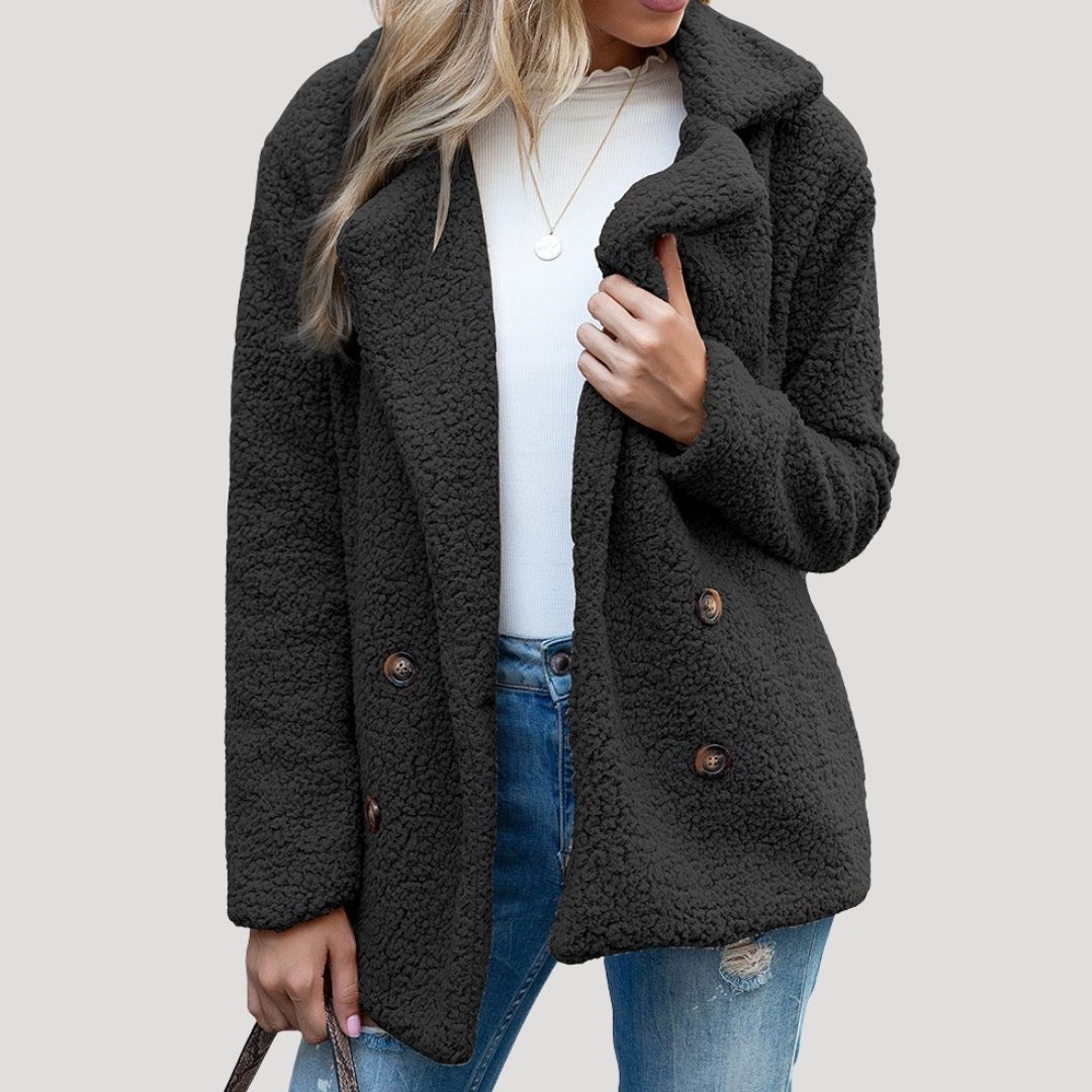 Damen - Zweireihige Fleecejacke - Kunstpelz mit Plüschtextur - Winterstil
