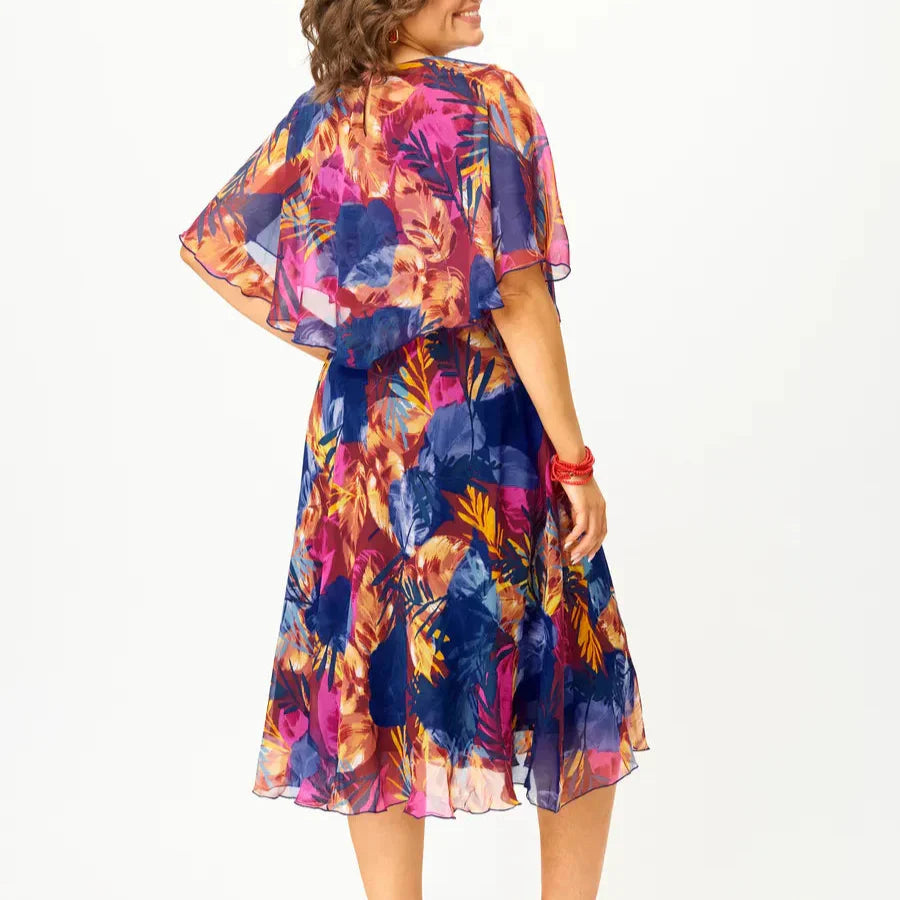 Damen - Elegantes Kleid - Hochwertigem Chiffon - Farbige Akzente - Stilvolle Mode für jeden Anlass