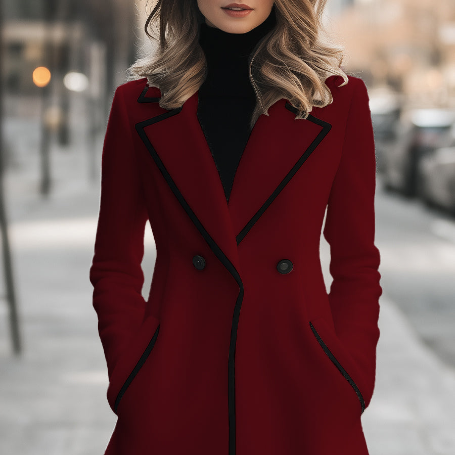 Damen - Eleganter doppelreihiger Mantel - Mischgewebe - Schwarzem Saum - Stilvoller Look für jede Gelegenheit