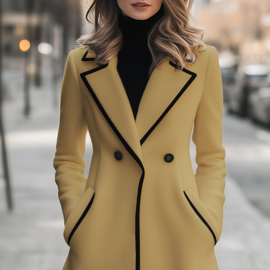 Damen - Eleganter doppelreihiger Mantel - Mischgewebe - Schwarzem Saum - Stilvoller Look für jede Gelegenheit