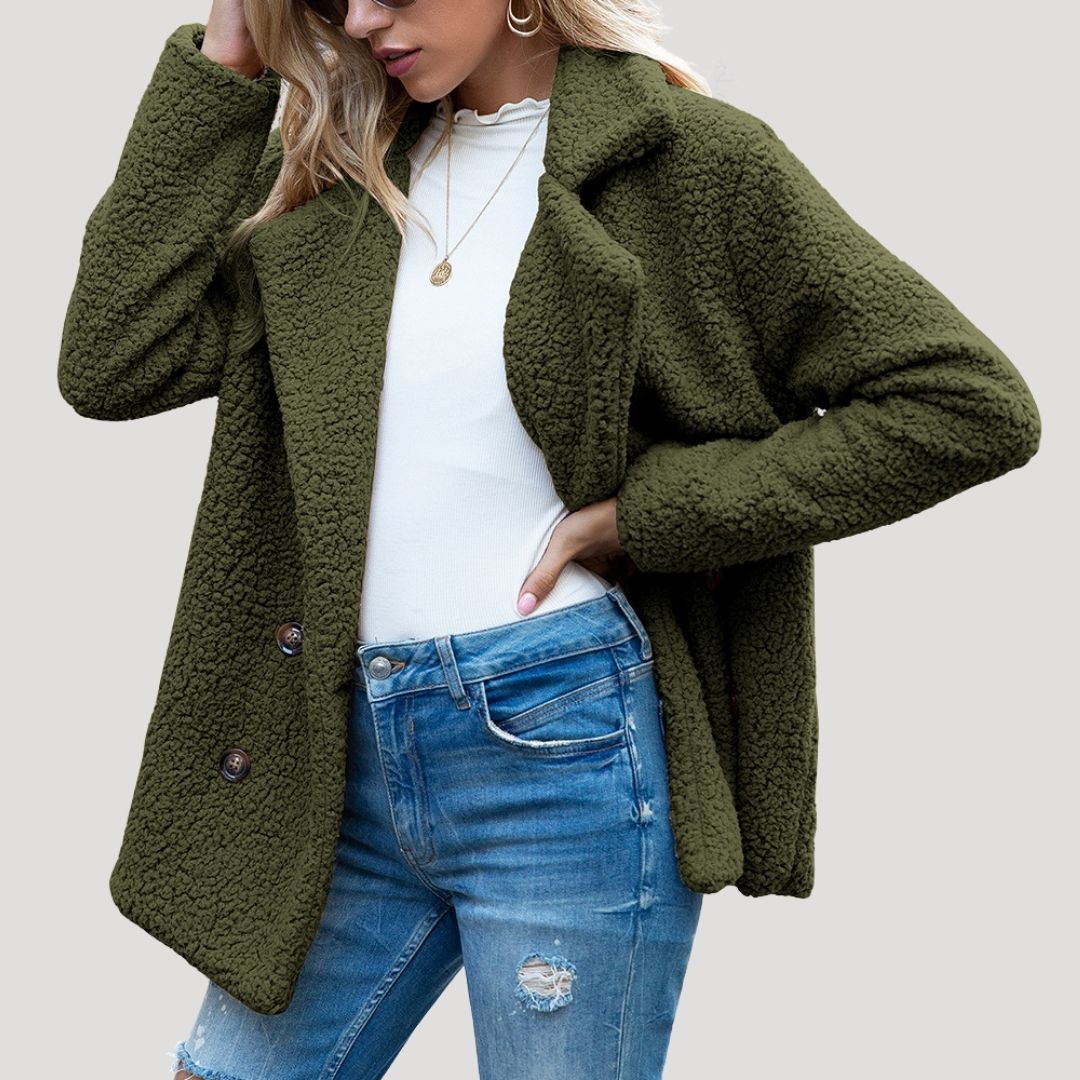 Damen - Zweireihige Fleecejacke - Kunstpelz mit Plüschtextur - Winterstil