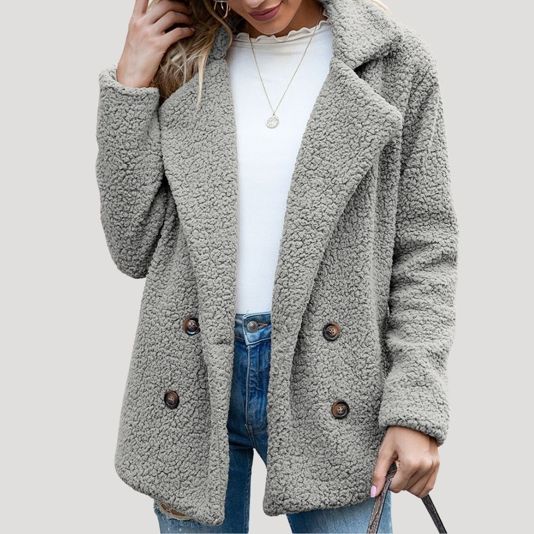 Damen - Zweireihige Fleecejacke - Kunstpelz mit Plüschtextur - Winterstil