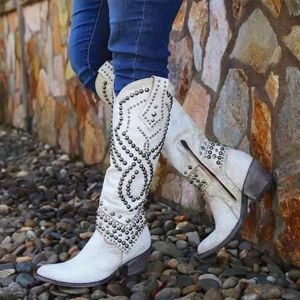 Damen - Cowboystiefel - Kniehohe - Vintage Design mit Nieten - Stylische Westernstiefel für jeden Anlass