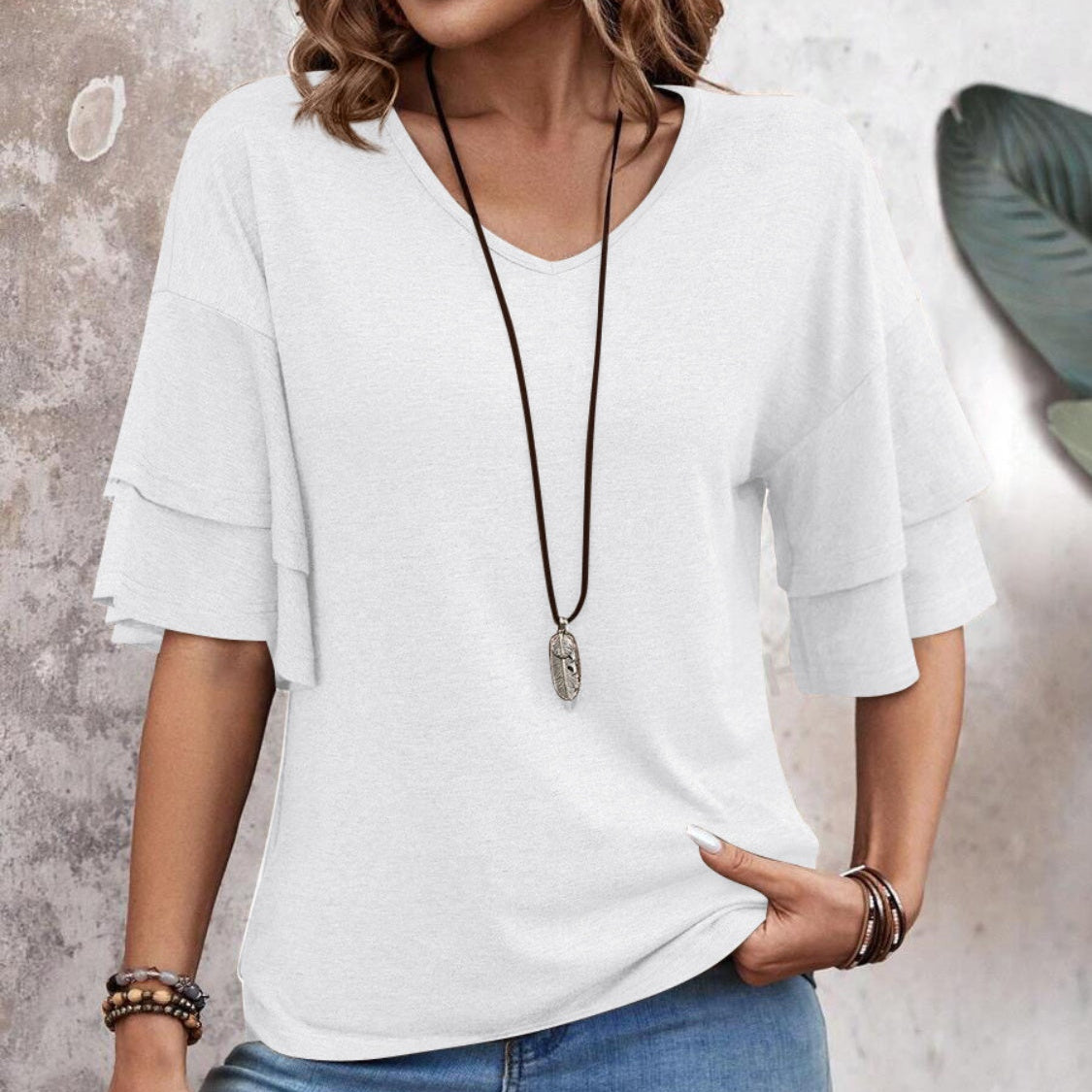 Damen - Bluse mit V-Ausschnitt und halben Ärmeln - Gewebemischung  - Stylisches Alltags-Top