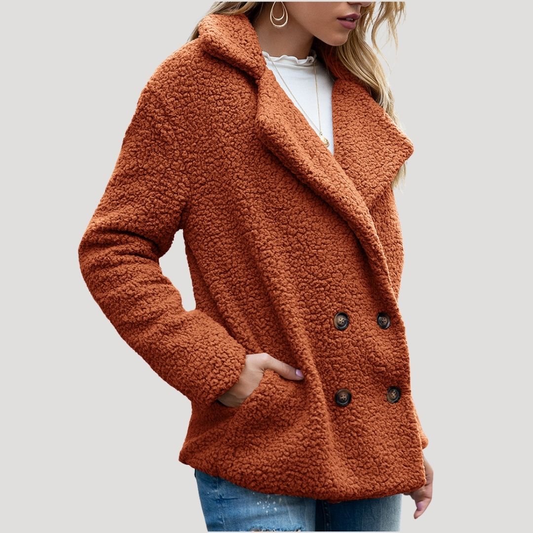 Damen - Zweireihige Fleecejacke - Kunstpelz mit Plüschtextur - Winterstil