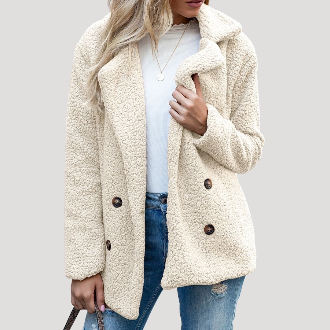 Damen - Zweireihige Fleecejacke - Kunstpelz mit Plüschtextur - Winterstil