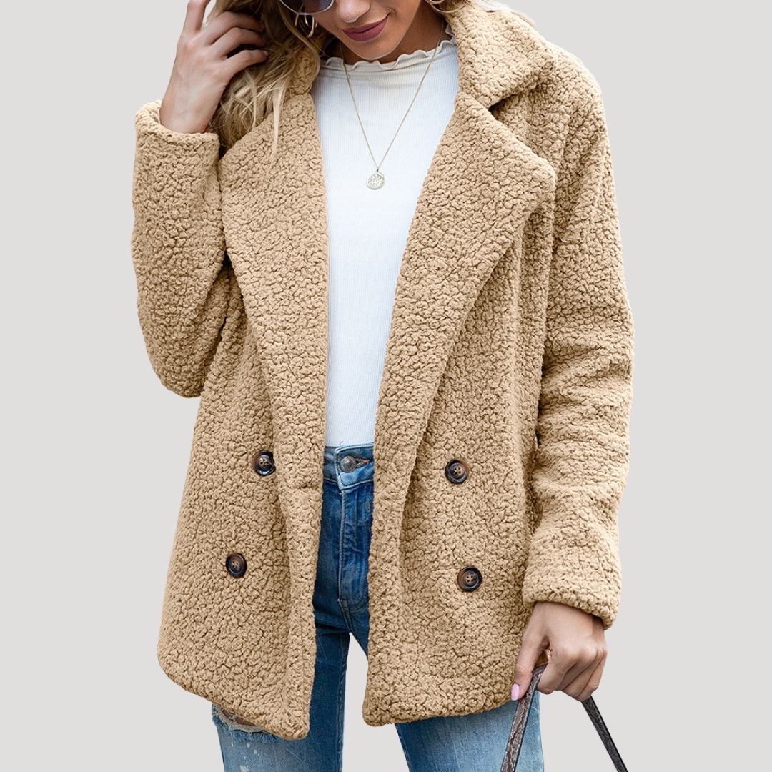Damen - Zweireihige Fleecejacke - Kunstpelz mit Plüschtextur - Winterstil