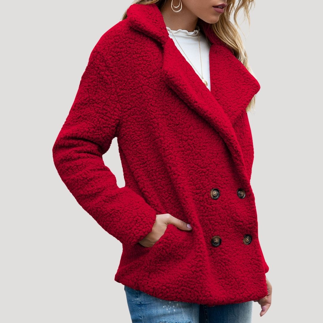Damen - Zweireihige Fleecejacke - Kunstpelz mit Plüschtextur - Winterstil