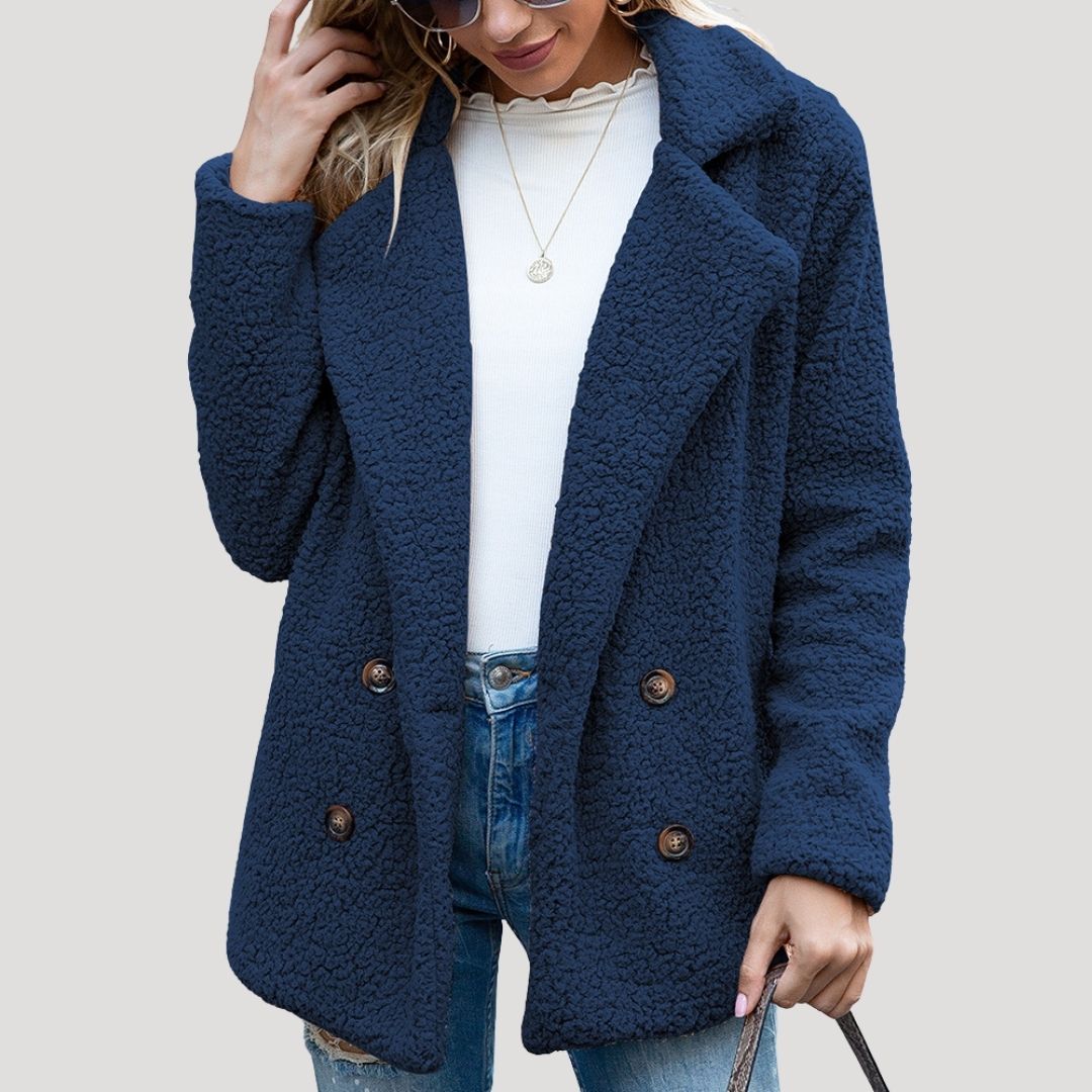 Damen - Zweireihige Fleecejacke - Kunstpelz mit Plüschtextur - Winterstil