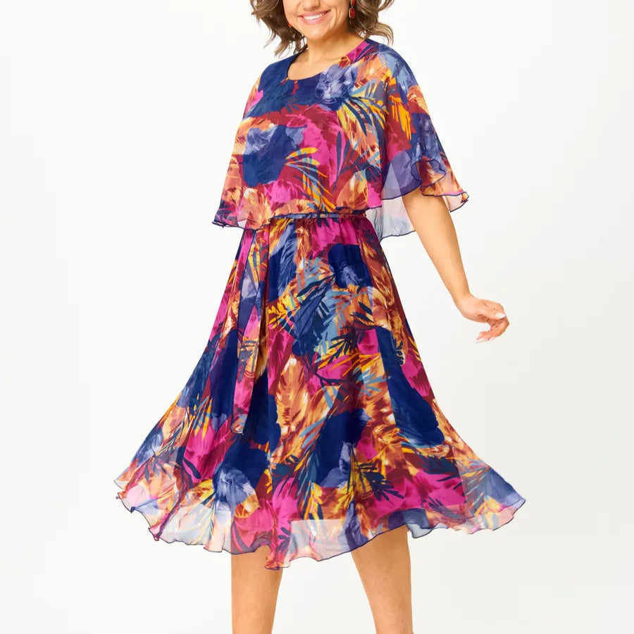 Damen - Elegantes Kleid - Hochwertigem Chiffon - Farbige Akzente - Stilvolle Mode für jeden Anlass