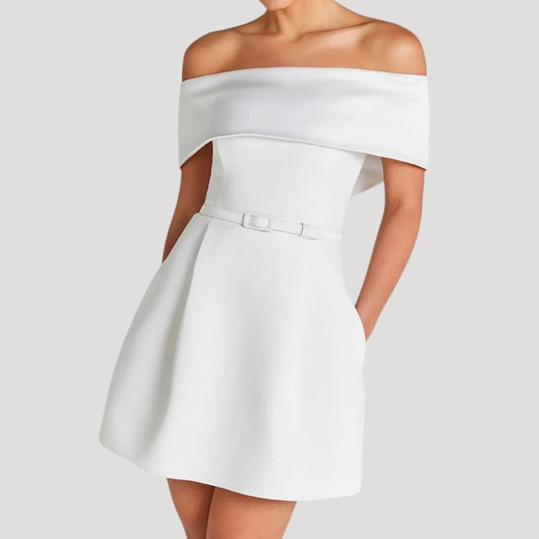 Damen - Schulterfreies Minikleid mit Gürtel - Leichtes Material - Ideal für Partys und besondere Anlässe