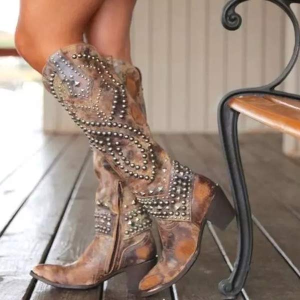 Damen - Cowboystiefel - Kniehohe - Vintage Design mit Nieten - Stylische Westernstiefel für jeden Anlass