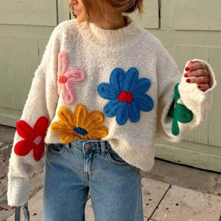 Damen - Übergroßer Pullover - Grobstrick - Blumenmuster - Bequemer und stilvoller Look