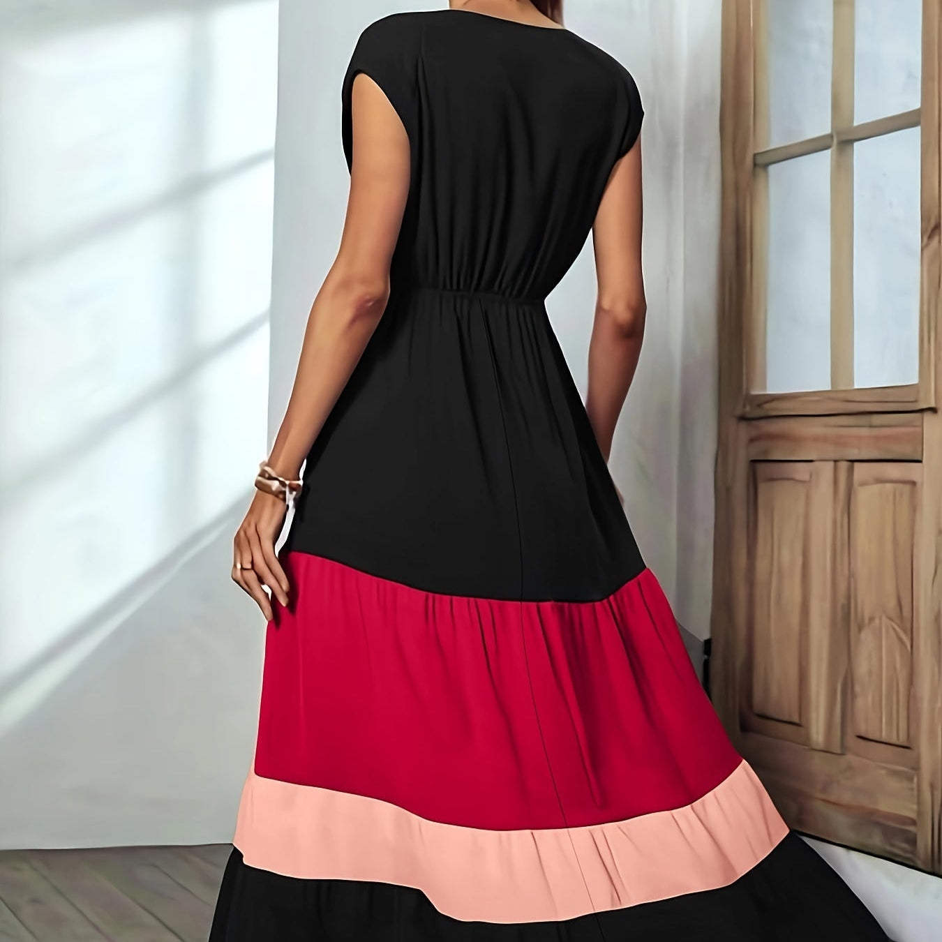 Damen - Farbblock Maxi-Kleid - Polyester - Elegantes ärmelloses Wickelkleid - Vielseitig und Stilvoll für jeden Anlass