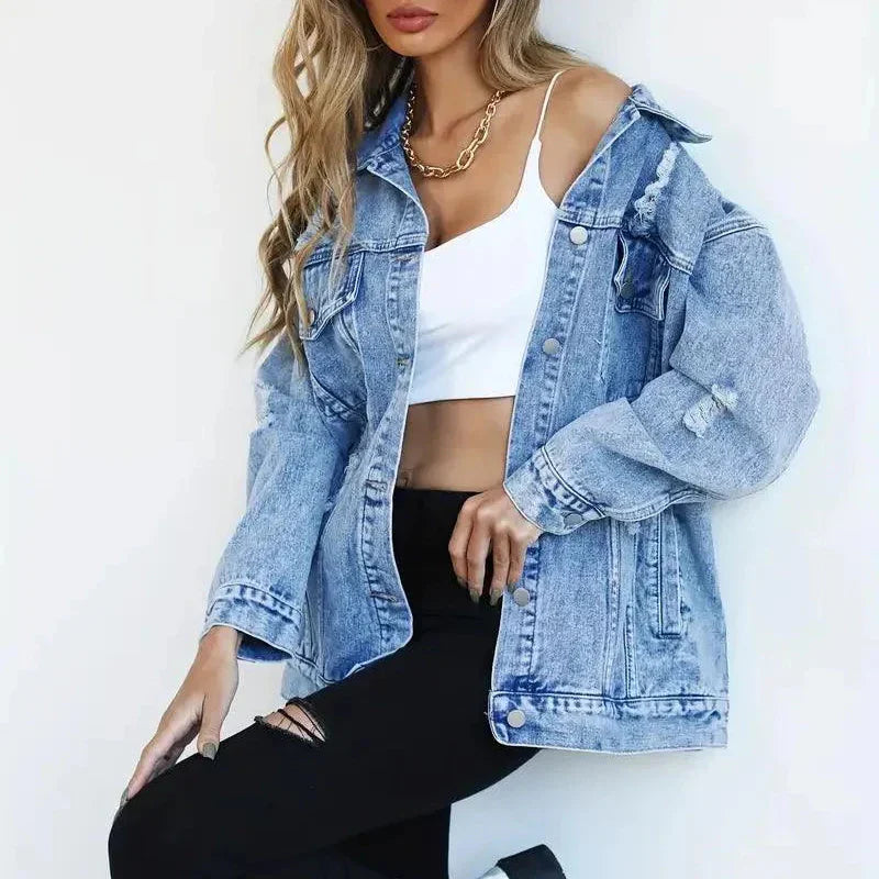 Damen - Übergroß Denim Jacke - Atmungsaktivem Material - Lässiger Stil - Vielseitige Mode für jeden Anlass