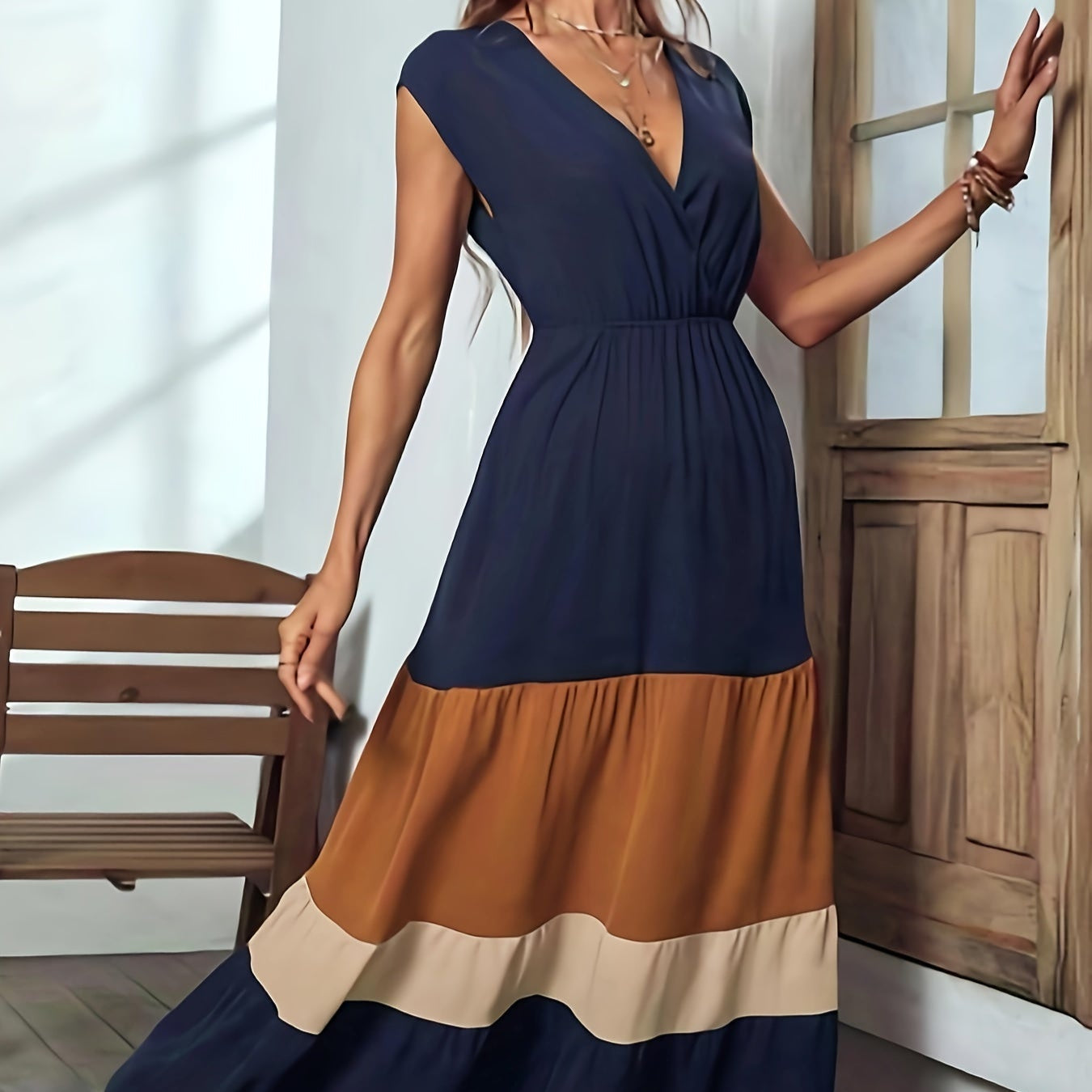 Damen - Farbblock Maxi-Kleid - Polyester - Elegantes ärmelloses Wickelkleid - Vielseitig und Stilvoll für jeden Anlass