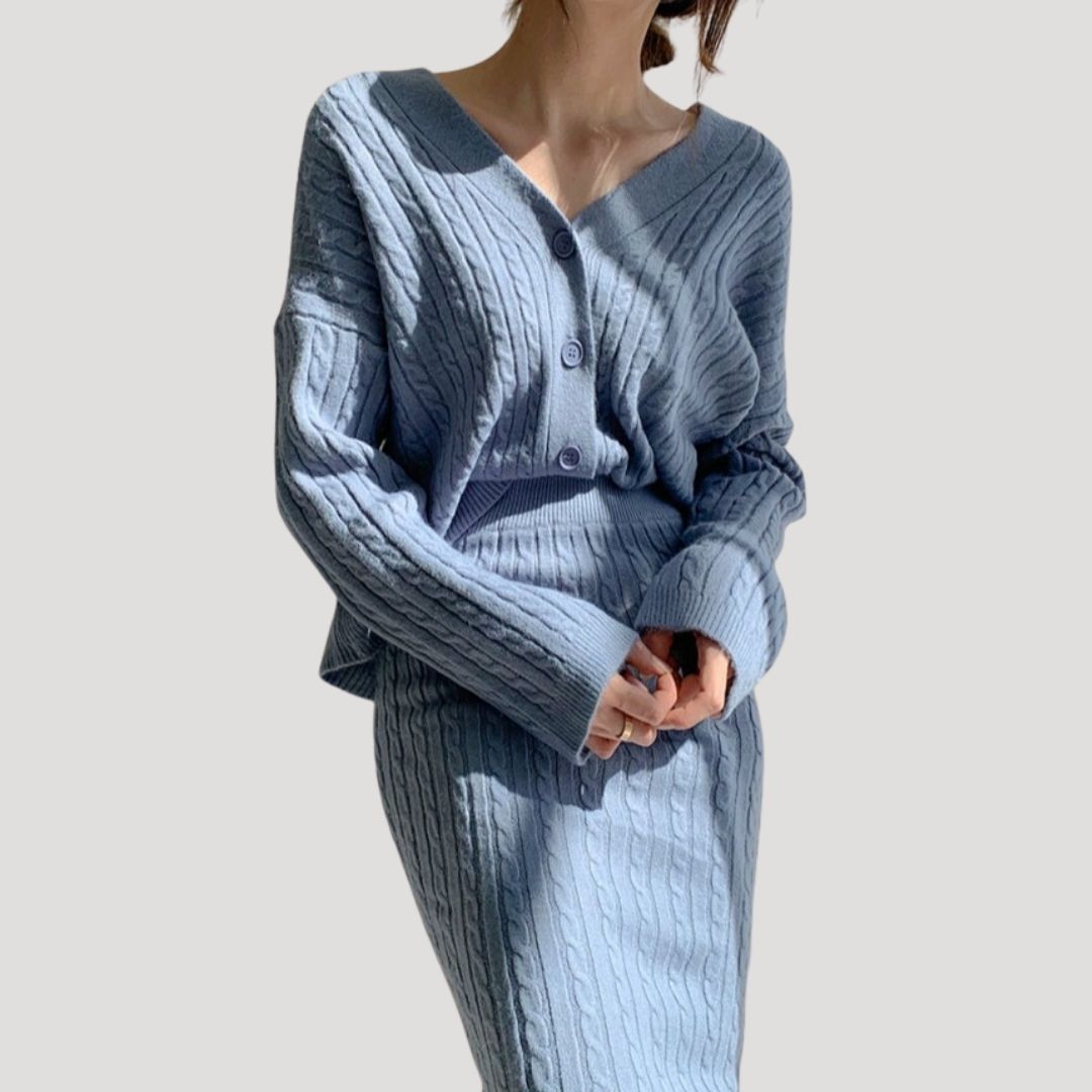 Damen - Strick Kombi Set - Midirock & Strickjacke - Modische Kombination für jeden Anlass