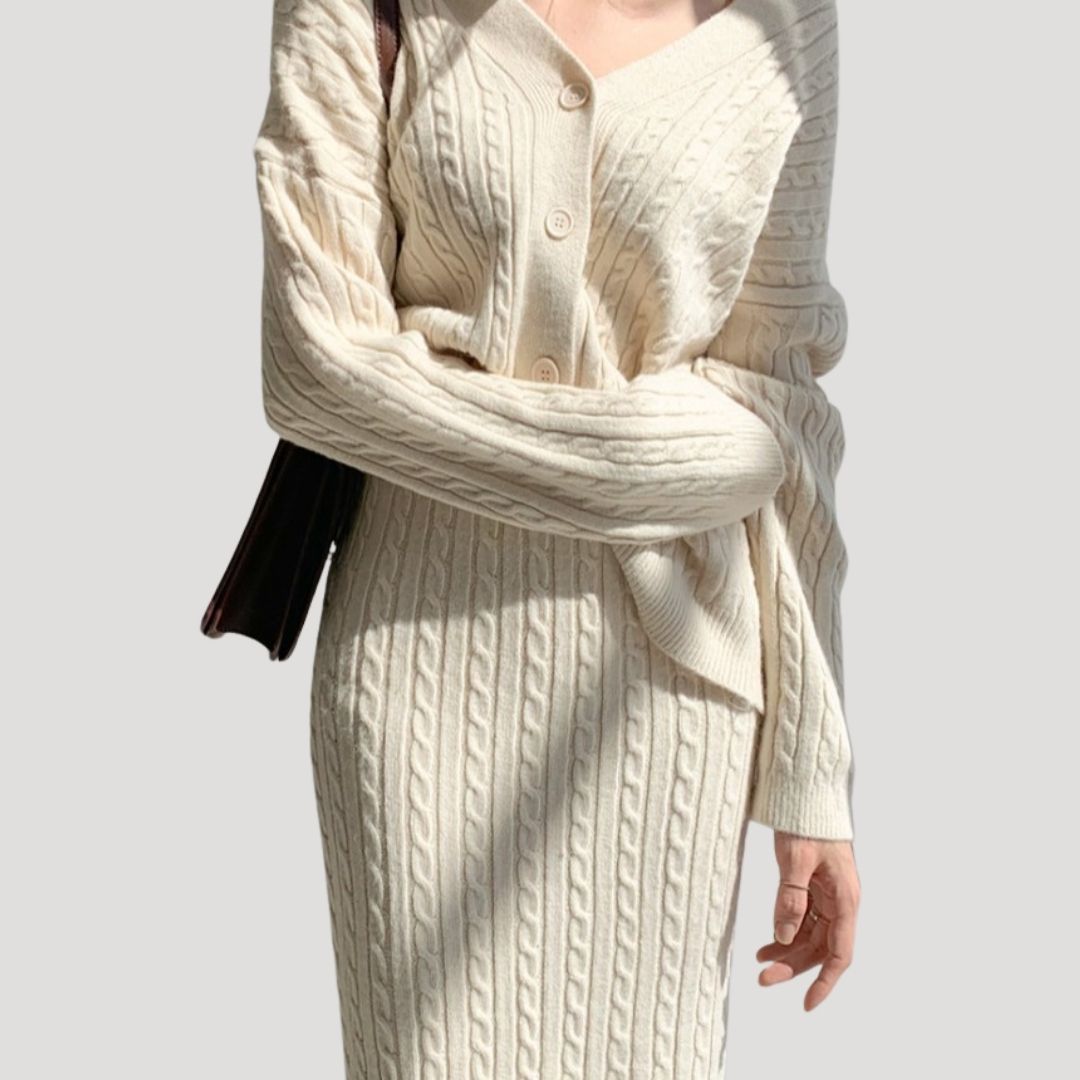 Damen - Strick Kombi Set - Midirock & Strickjacke - Modische Kombination für jeden Anlass