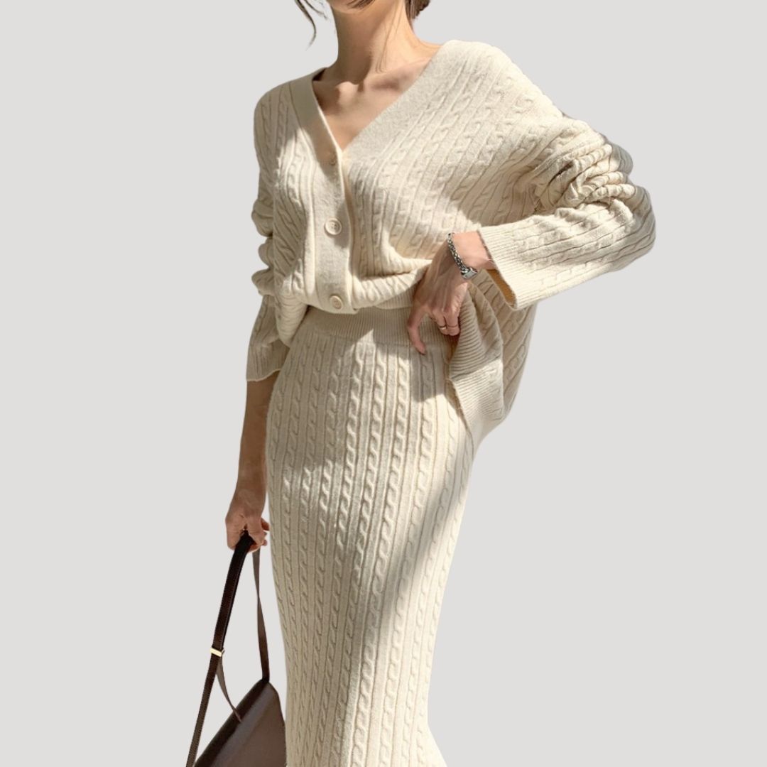 Damen - Strick Kombi Set - Midirock & Strickjacke - Modische Kombination für jeden Anlass