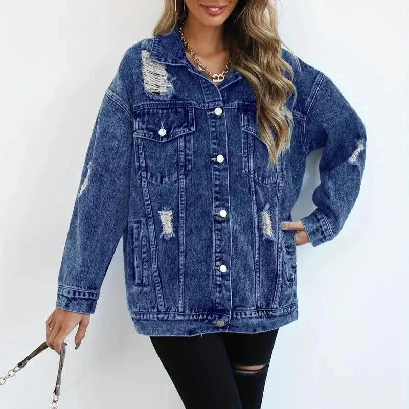 Damen - Übergroß Denim Jacke - Atmungsaktivem Material - Lässiger Stil - Vielseitige Mode für jeden Anlass