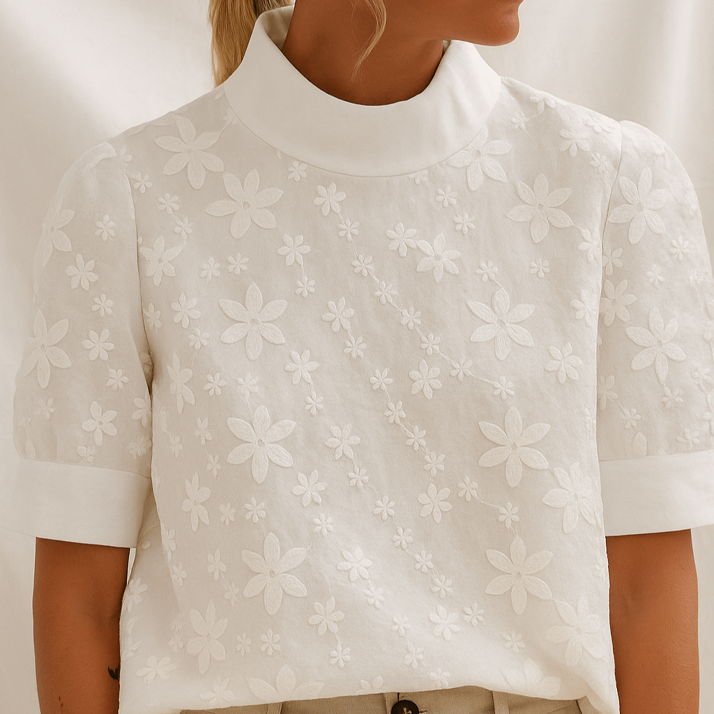 Damen - Stylische Bluse - Weichem Stoff - Bestickter Stehkragen - Modisch und Elegant - Perfekt für jeden Anlass