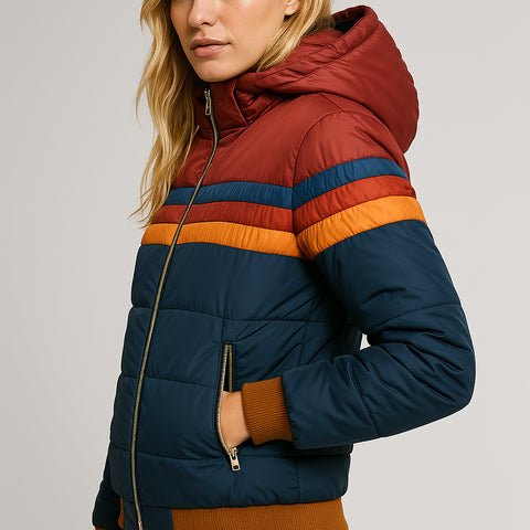 Damen - Pufferjacke - Wasserdicht mit Kapuze - Farbblock Design - Stilvolle Outdoor Abenteuer