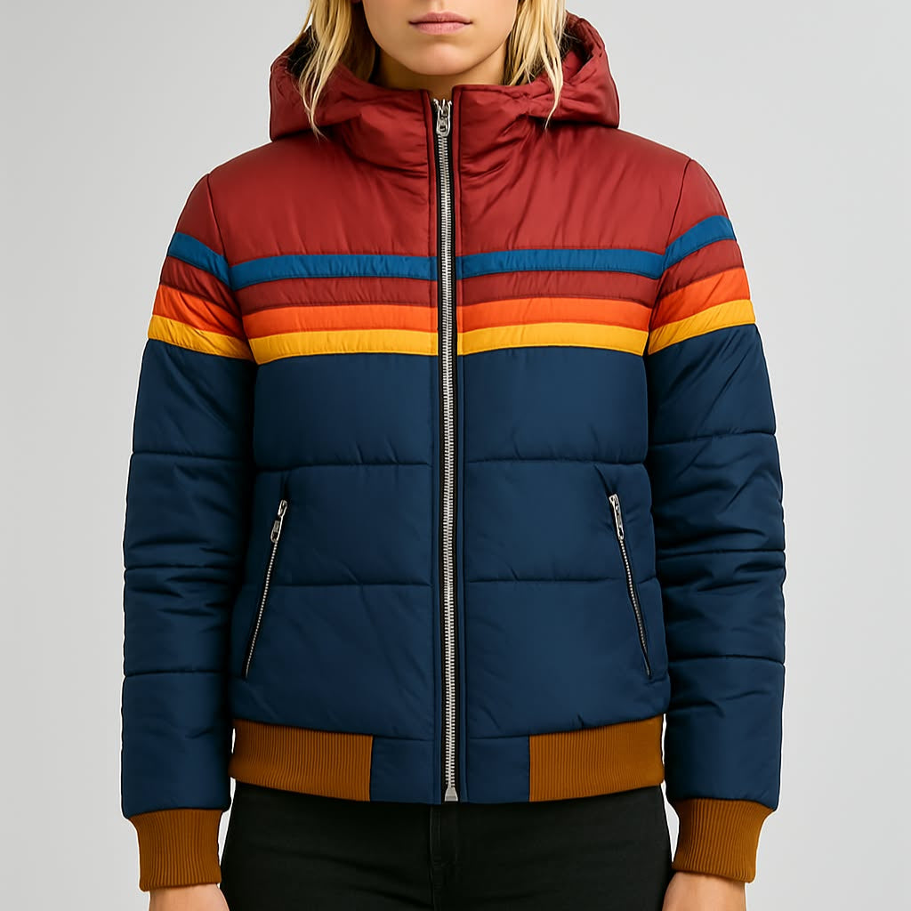 Damen - Pufferjacke - Wasserdicht mit Kapuze - Farbblock Design - Stilvolle Outdoor Abenteuer